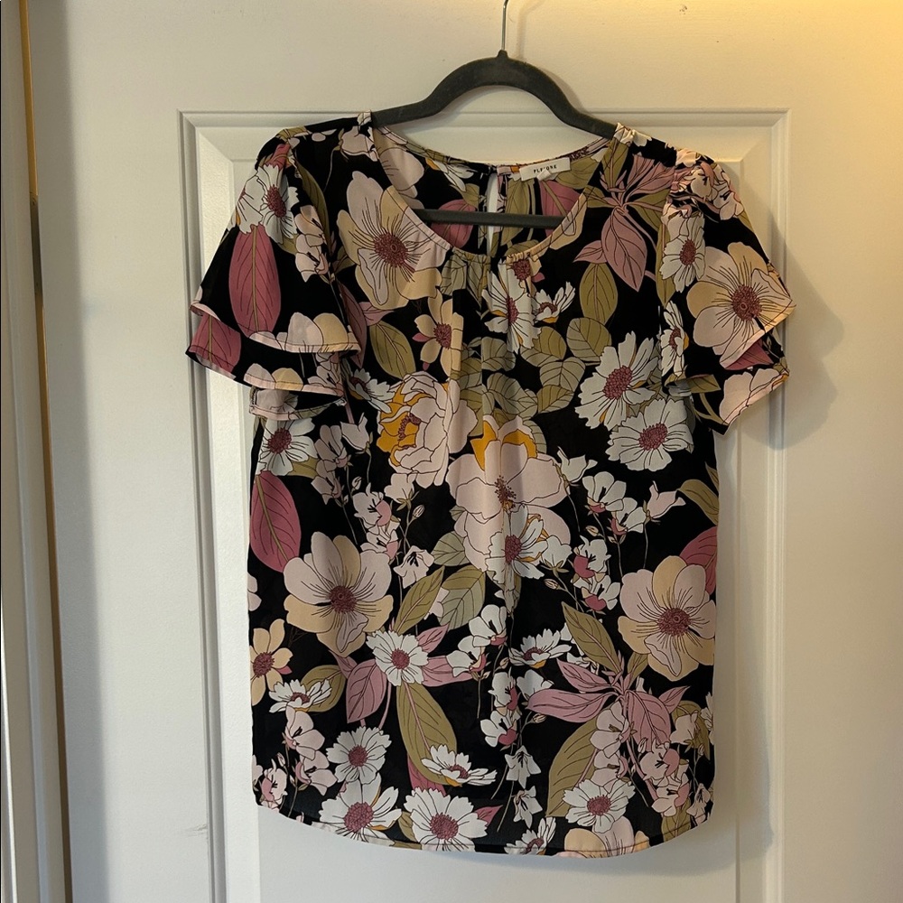 Pleione Black and Pink Floral Blouse